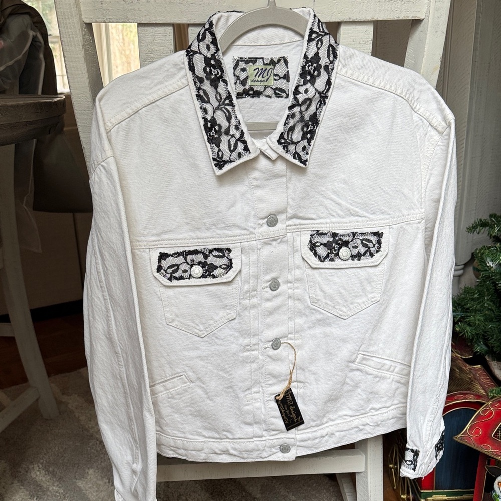 White Denim Jacket with Black Lace Accents
